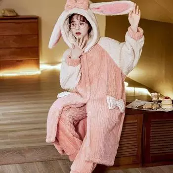 Пижамные комплекты с кроличьими ушками, зимний комплект из 2 предметов, ночная рубашка, костюмы, милая одежда для сна с капюшоном, каваи, толстый длинный халат для девочек, домашняя одежда M