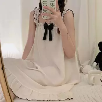 Пижамные комплекты женские без рукавов с бантом Летняя крутая сладкая одежда для сна модная принцесса мягкая удобная одежда для дома нежная девичья домашняя одежда зеленый белый черный S