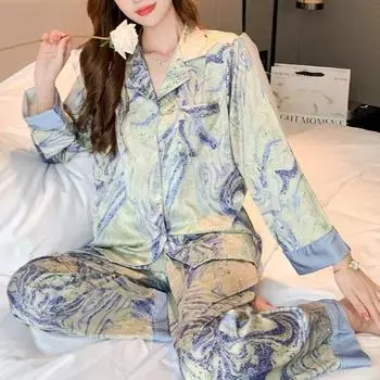 Пижамные комплекты женские кардиганы Star River с длинным рукавом длинные брюки милая студенческая домашняя одежда два комплекта большие милые пижамы осень зима M зелёный