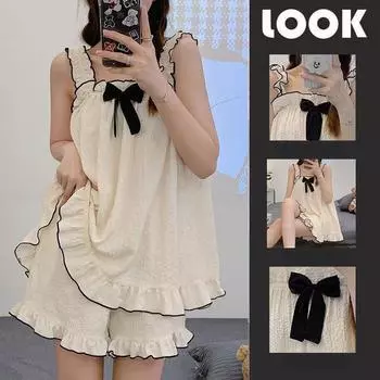 Пижамные комплекты, женские пижамные комплекты без рукавов с бантом, летняя крутая милая одежда для сна принцессы, мягкая удобная одежда для отдыха, нежная девичья уютная домашняя одежда M белый