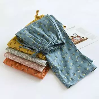 Пижамные штаны из хлопка с цветочным принтом, женские, большого размера, из двойной марли, для девочек, домашние брюки, осень-зима, свободные, со шнуровкой, для сна, повседневные XL