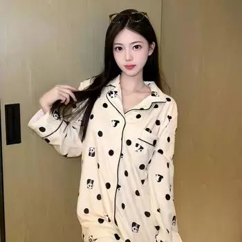 Пижамные штаны с пандой в горошек, женский осенний костюм из французского бархата на Новый год, зимняя флисовая подкладка, утолщенная домашняя одежда M