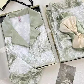Пижамные штаны с принтом, комплект из двух предметов, бархатный женский пижамный комплект, нижнее белье, повседневная домашняя одежда из бархата на осень и зиму M зелёный