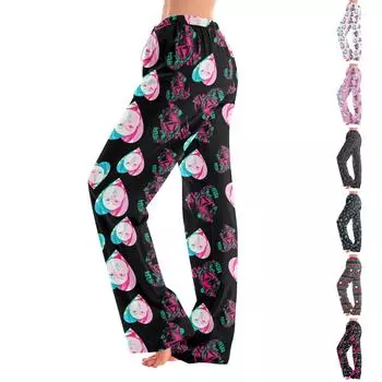 Пижамные штаны в стиле аниме, повседневные брюки с эластичной резинкой на талии, удобные прямые свободные брюки для йоги M винный