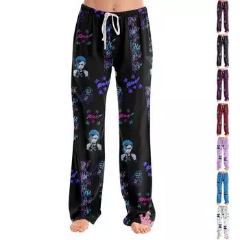 Пижамные штаны в стиле аниме, повседневные брюки с эластичной резинкой на талии, удобные прямые свободные брюки для йоги L чёрный