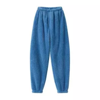 Пижамные штаны Yousheng Winter, толстые плюшевые, с эластичной резинкой на талии, свободные, сохраняющие тепло, облегающие ноги, унисекс, домашняя одежда, брюки, однотонные, для отдыха M темно-синий