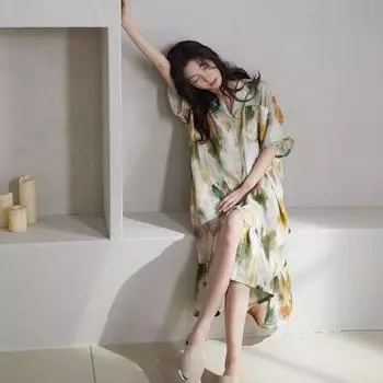Пижамные юбки для женщин, летние тонкие пижамы из ледяного шелка с короткими рукавами средней длины для внешнего ношения Пижамы для внешнего ношения M