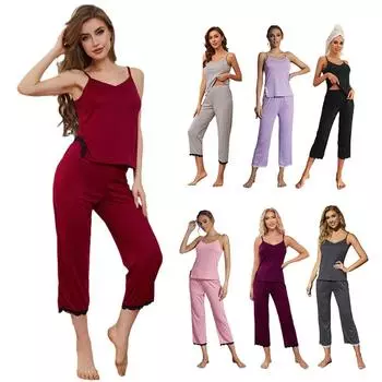 Пижамные женские летние сексуальные брюки на подтяжках с кружевными краями, комплект из двух предметов для женской домашней одежды S