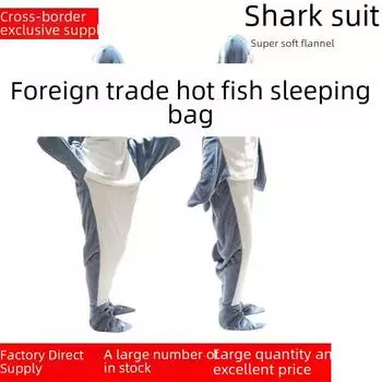 Пижамный комбинезон Акула из фланели: Уютный спальный мешок и халат с изображением мультяшной акулы XXL (210cm) синий/серый