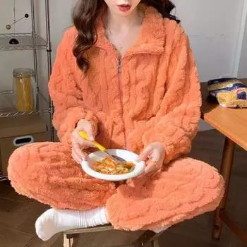Пижамный комплект большого размера из фланели, осенне-зимняя женская пижама, брючный костюм из утолщенного кораллового флиса с высоким воротником, домашняя одежда для дома one size оранжевый