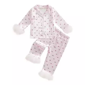 Пижамный комплект для девочек из 2 предметов с длинными рукавами, манжетами и бантом, рубашка и брюки, одежда для сна 1-2 Years