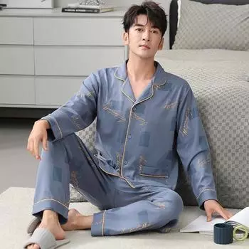 Пижамный комплект для мужчин 2025 весна-осень с принтом брюки с длинными рукавами кардиган пижама мужская из чистого хлопка повседневная свободная одежда для сна домашняя одежда мужская L