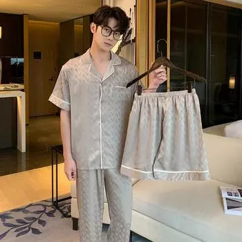 Пижамный комплект для мужчин больших размеров на весну и осень, комплект из 3 предметов: короткие брюки с коротким рукавом и длинные брюки, домашняя одежда, летний комплект из тонкого жаккардового шелка для дома L