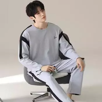 Пижамный комплект для мужчин в полоску размера плюс 6XL, повседневная одежда для сна для мальчиков с длинными рукавами, мягкая пижама, домашняя одежда L чёрный/светло-серый