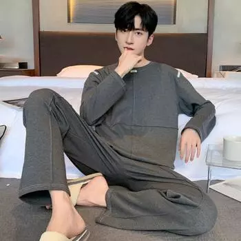 Пижамный комплект для отдыха, однотонный, мужской, весна-осень, хлопок, для мальчиков, пижама с длинным рукавом, ночная рубашка, мужская, больших размеров 5XL 6XL, домашняя одежда для ношения на улице L серый