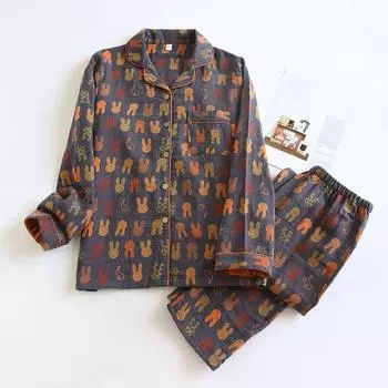 Пижамный комплект для пары на весну и осень из 100% хлопка с длинными рукавами для мужчин и женщин, состоящий из двух частей, симпатичная домашняя обстановка M