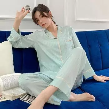 Пижамный комплект для женщин Ice Silk с длинными рукавами, роскошная домашняя одежда, пижамы с рисунком «гусиная лапка», домашняя одежда, женские пижамы на осень и зиму M