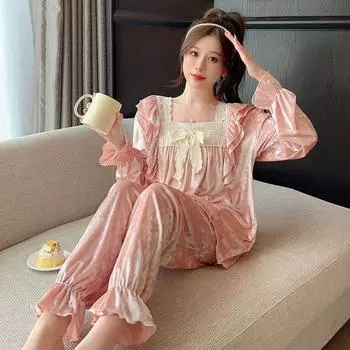 Пижамный комплект для женщин из золотистого бархата с длинными рукавами Palace Diamond Velvet French Sweet Ladies Home Clothes M