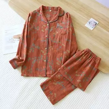 Пижамный комплект для женщин на весну и осень, 100% хлопок, жаккард, длинные рукава, брюки, двухкомпонентный пижамный комплект с рисунком листьев для дома M