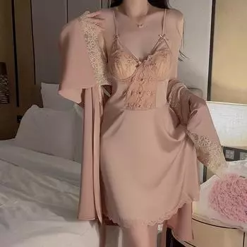 Пижамный комплект для женщин Осенняя атласная вышитая кружевная пижама с накладками на грудь Повседневная сексуальная пижама для женщин M