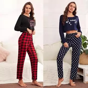 Пижамный комплект для женщин, пижама из двух частей с длинным рукавом, женская повседневная спортивная одежда с высокой талией, клетчатые брюки, модная простая одежда для сна S тёмно-синий