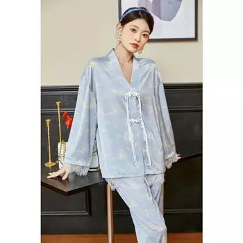 Пижамный комплект для женщин, пижама с длинными рукавами из ледяного шелка, классическая домашняя одежда, можно носить на улице S