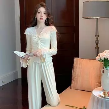 Пижамный комплект для женщин с длинными рукавами, брюки, домашний костюм, пижама женская, Loun S