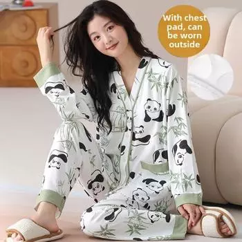 Пижамный комплект для женщин с подгрудными накладками 2025 весна хлопок кимоно кардиган брюки с длинным рукавом комплект женская пижама домашняя одежда милая можно носить на улице M