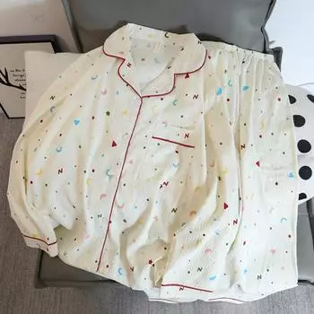 Пижамный комплект для женщин с принтом в горошек, топом с длинным рукавом и V-образным вырезом, штанами на резинке на талии, новая повседневная пижама на осень M