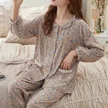 Пижамный комплект для женщин, весна и осень, чистый хлопок, пижама с длинными рукавами, новая домашняя одежда для мам среднего возраста, комплект домашней одежды больших размеров M