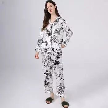 Пижамный комплект для женщин, весна и осень, тонкий шелковый шелк, домашняя одежда с длинными рукавами, женский пижамный комплект большого размера для девочек M