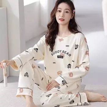 Пижамный комплект для женщин весна-осень плюс размер студенческий мультфильм повседневные брюки с длинными рукавами домашняя одежда комплект в наличии M
