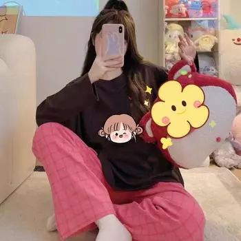 Пижамный комплект домашней одежды для женщин, весна и осень, большие размеры, с длинным рукавом, с рисунком, зимний, милый, студенческий комплект домашней одежды M