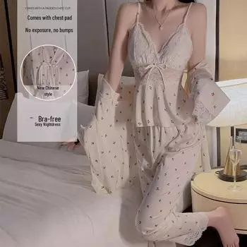 Пижамный комплект Guiruo Deep V из атласного кружева с нагрудной накладкой и верхним халатом One Size