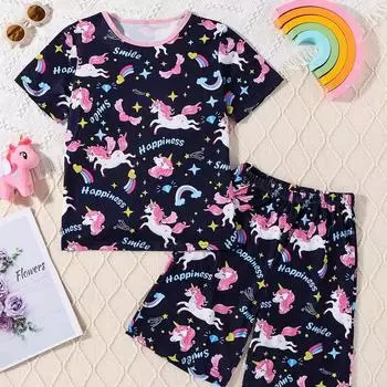 Пижамный комплект из 2 предметов для девочек, детские костюмы с принтом единорога и круглым вырезом, футболка с короткими рукавами, одинаковые шорты, удобная домашняя одежда 100