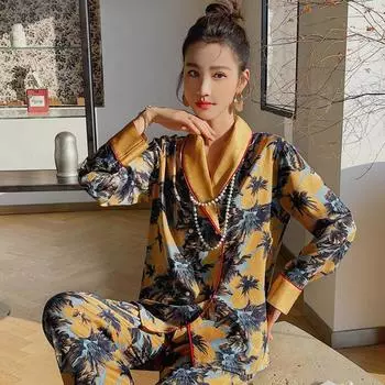 Пижамный комплект из 2 предметов из шёлка Ice Silk, женская пижама с принтом, комплект из брюк с длинным рукавом и свободной пижамой M