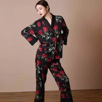 Пижамный комплект из 2 предметов с принтом роз, женская пижама, брюки с длинным рукавом, атласная пижама для женщин, наряды, костюм, пижама, женская пижама M