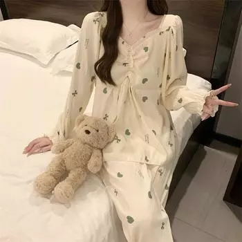 Пижамный комплект из 2 предметов с принтом «любовное письмо» и рукавами реглан, женская корейская милая повседневная простая пижамная одежда для дома на осень и зиму M