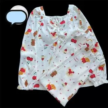 Пижамный комплект из 2 предметов с рисунком вишни, милая осенне-зимняя новая женская пижама с V-образным вырезом, простая мягкая одежда для сна M