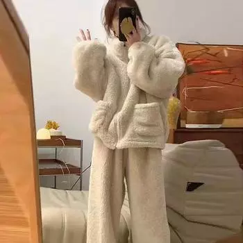 Пижамный комплект из 2 предметов Утолщенная пижама из кораллового бархата Осенне-зимняя водолазка Домашняя одежда Пижама из фланели Домашняя одежда M
