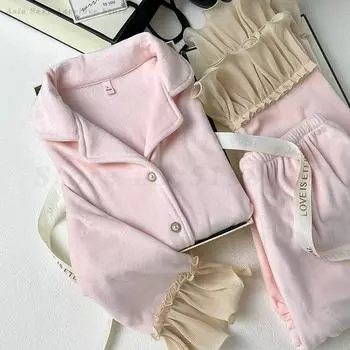 Пижамный комплект из 2 предметов в стиле принцессы, осень-зима, новая женская пижама, домашняя одежда в китайском стиле, брючные костюмы, сексуальная домашняя одежда M чёрный