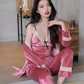 Пижамный комплект из 3 предметов, теплая бархатная пижама, женская домашняя одежда, осенне-зимняя пижама, сексуальные кружевные топы и брюки, домашняя одежда M