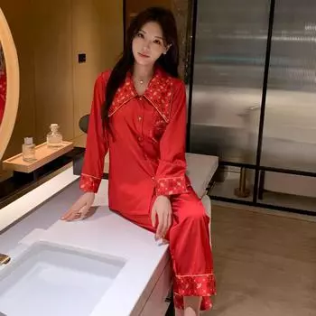 Пижамный комплект из атласа Ice Silk Cool, женский, летний, с длинным рукавом, тонкий, сладкий, весенний M