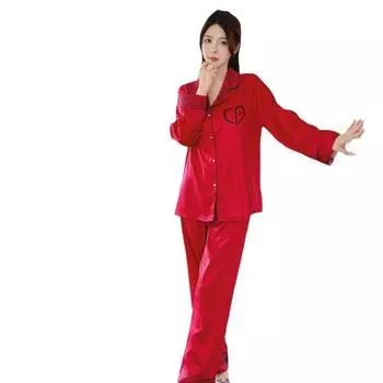 Пижамный комплект из атласа с длинными рукавами и лацканами в форме сердца для женщин на весну и лето M