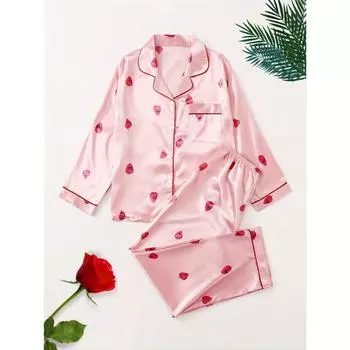 Пижамный комплект из атласных топов и брюк с длинными рукавами с узором «Клубника» для подарков на День святого Валентина S розовый