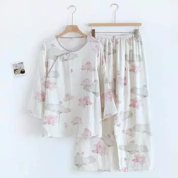 Пижамный комплект из бамбукового волокна для женщин, весна-лето, милый, с принтом, повседневный, с длинными рукавами, длинные брюки, пижамный комплект M