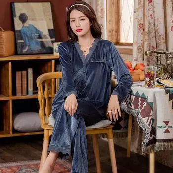 Пижамный комплект из бархата, теплая фланелевая пижама, женская домашняя одежда с длинным рукавом, домашняя одежда, повседневная одежда M