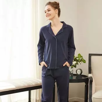 Пижамный комплект из брюк и кардигана с лацканами, осенняя пижама из чистого хлопка темно-синего цвета, свободный крой, повседневная домашняя одежда, женская пижама S темно-синий