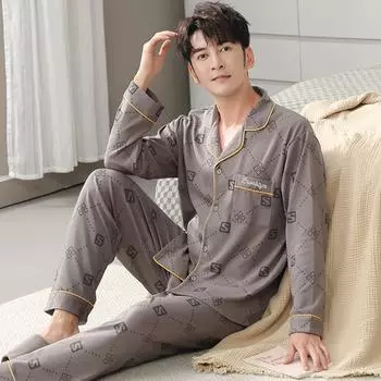 Пижамный комплект из чистого хлопка для мужчин 2025 весна-осень с буквенным принтом, брюки с длинными рукавами, мужской кардиган, пижама, повседневная свободная одежда для сна, домашний костюм L