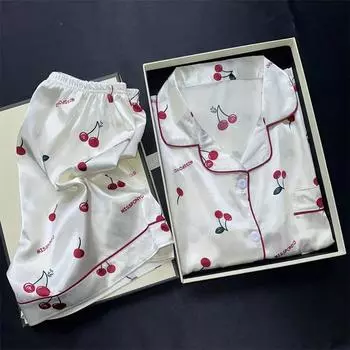Пижамный комплект из двух предметов с вишневым принтом, летние пижамы с искусственными пятнами, модная домашняя одежда, женские повседневные шорты и топ, пижамный комплект M